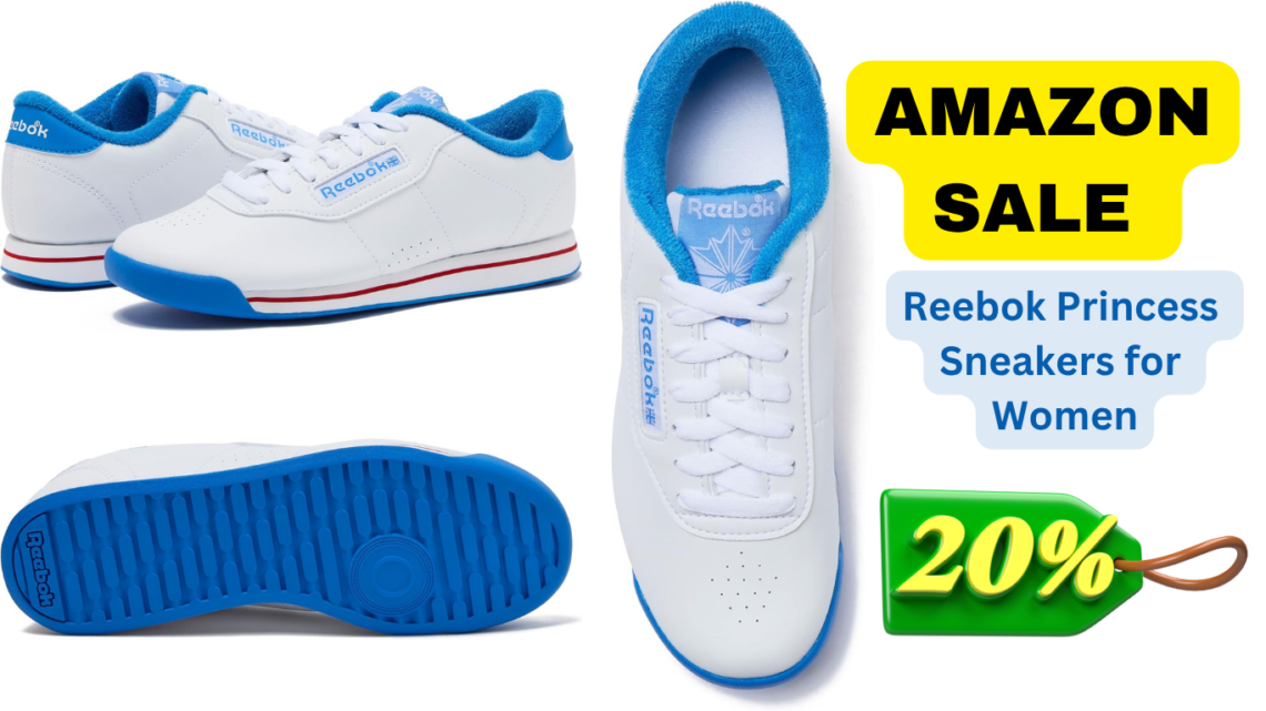 A woman is walking outside wearing comfortable white Reebok Sneakers