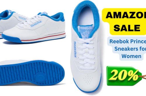A woman is walking outside wearing comfortable white Reebok Sneakers