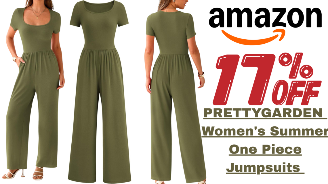 Woman wearing PRETTYGARDEN Women’s Jumpsuit with wide-leg casual summer style