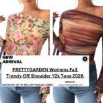 Woman wearing PRETTYGARDEN Women’s Trendy One Shoulder Asymmetrical Top with stylish asymmetrical neckline and modern fit design.