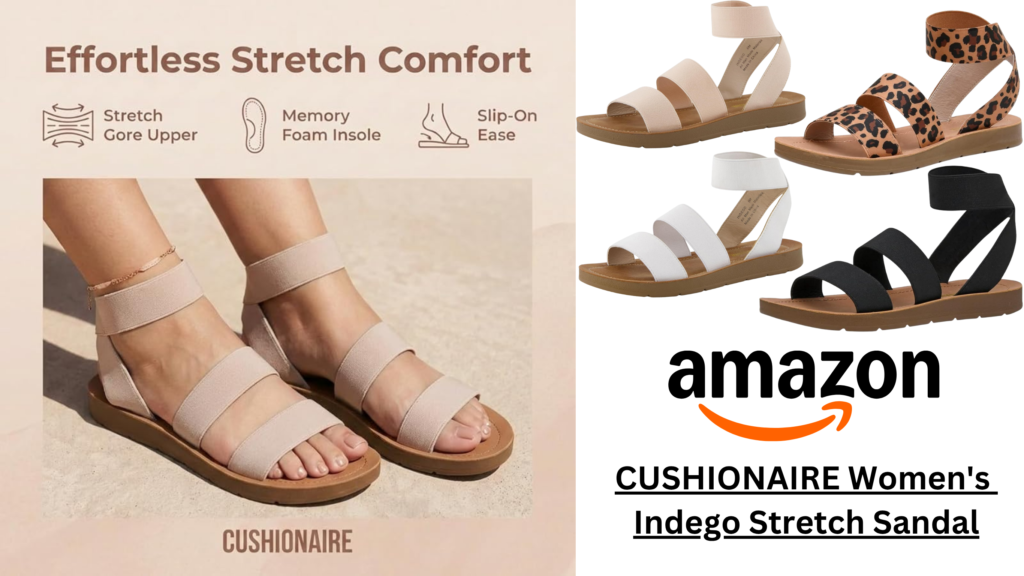 Woman wearing CUSHIONAIRE Indego Stretch Sandal while walking outdoors on a sunny day.