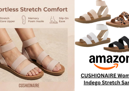 Woman wearing CUSHIONAIRE Indego Stretch Sandal while walking outdoors on a sunny day.