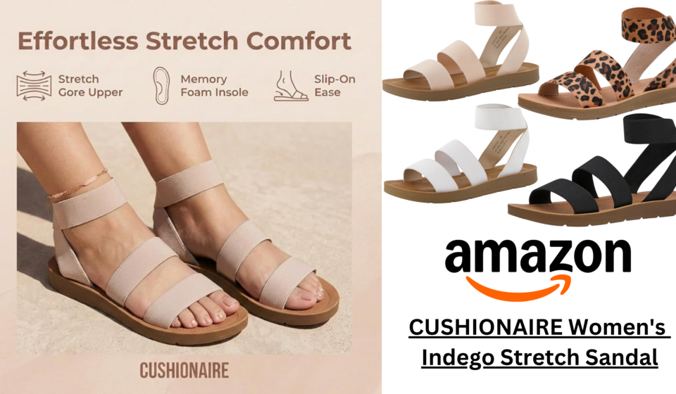 Woman wearing CUSHIONAIRE Indego Stretch Sandal while walking outdoors on a sunny day.