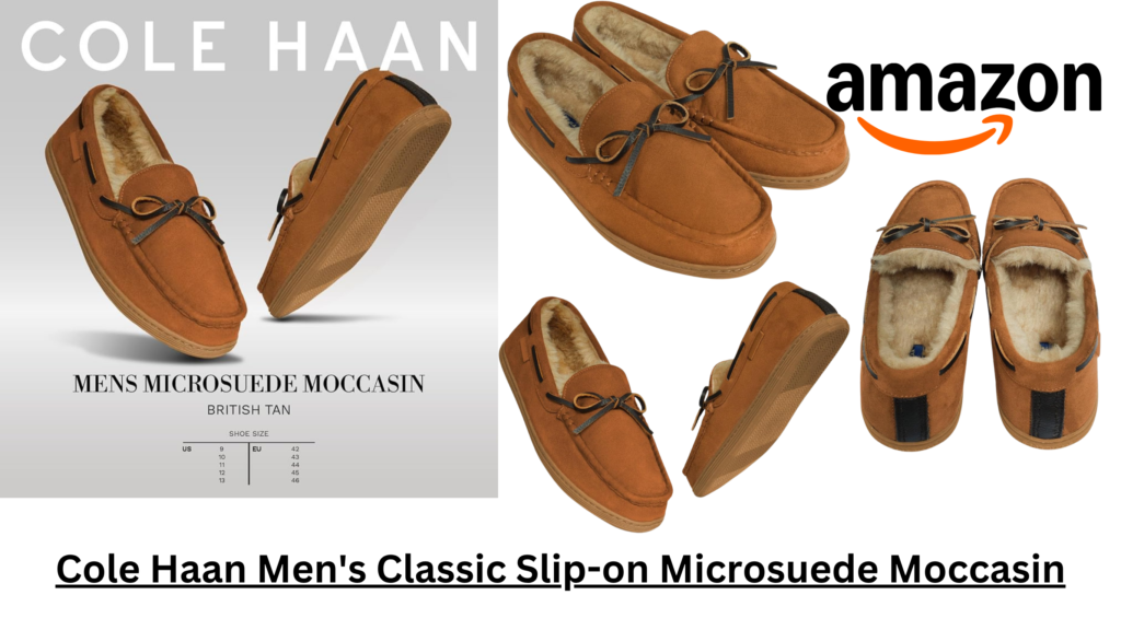 Cole Haan microsuede moccasin slippers designed for indoor comfort and luxury home wear for men in the USA.