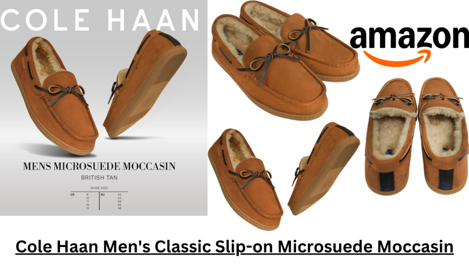 Cole Haan microsuede moccasin slippers designed for indoor comfort and luxury home wear for men in the USA.