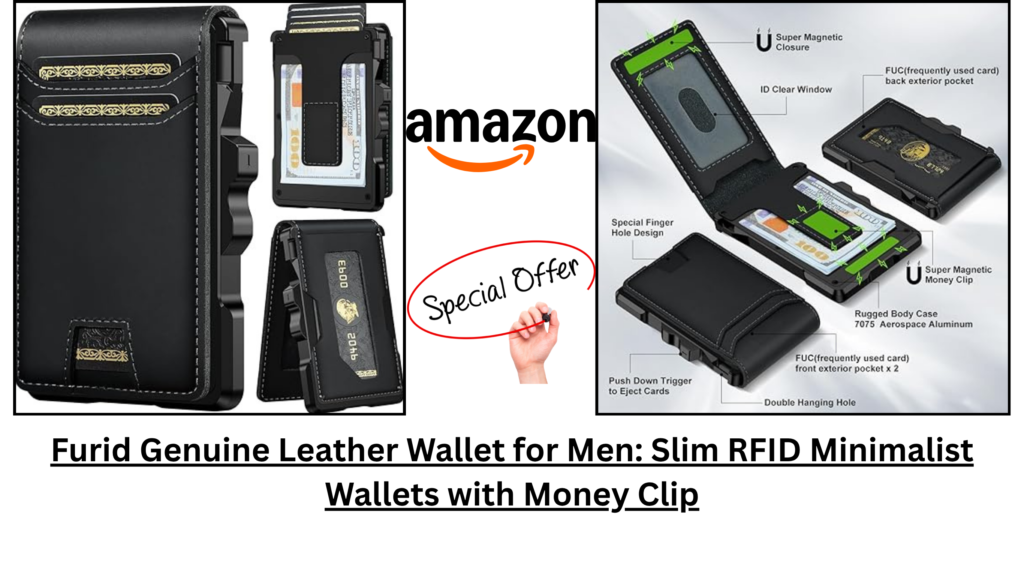 FURID Genuine Leather Wallet for Men featuring RFID blocking technology, slim minimalist design, card holder, and money clip.