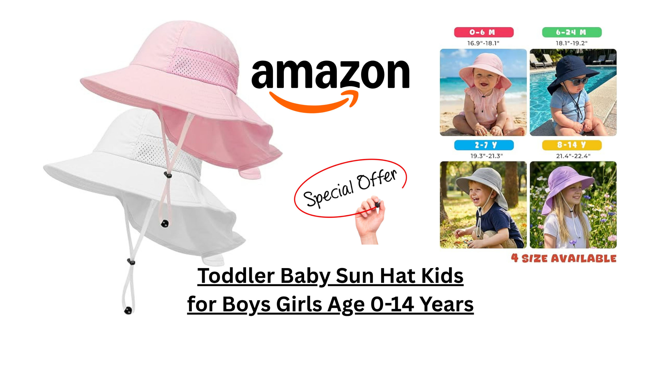 HONGTEYA toddler sun hat with UPF 50+ protection, wide brim, adjustable fit, and neck flap for outdoor summer activities.