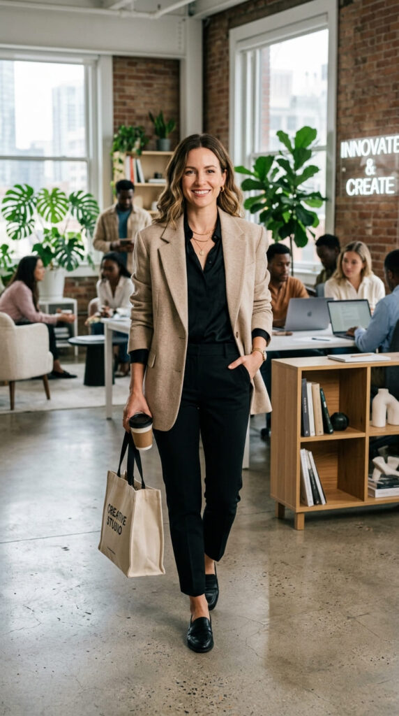 Beige Blazer With Black Trousers For Interview