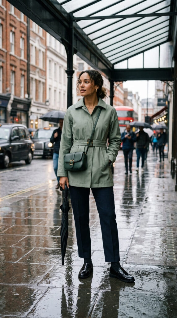 Belted Raincoat With Tailored Trousers and Loafers