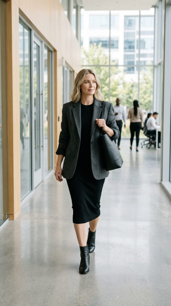 Black Midi Dress With a Tailored Blazer For Interview