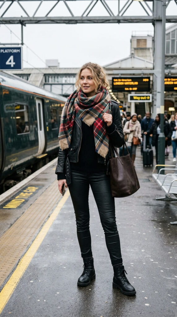 Blanket Scarf With Leather Jacket and Ankle Boots