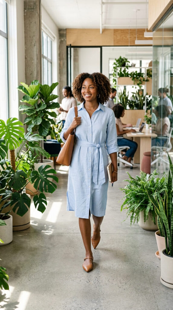 Button-Down Shirt Dress With Flats For Interview