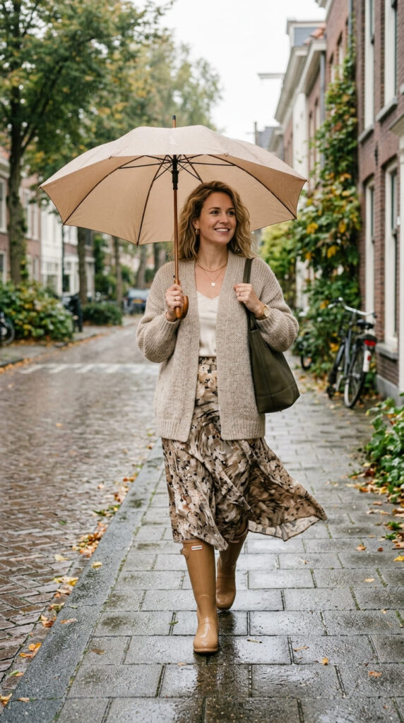 Cardigan With Midi Skirt and Rain Boots