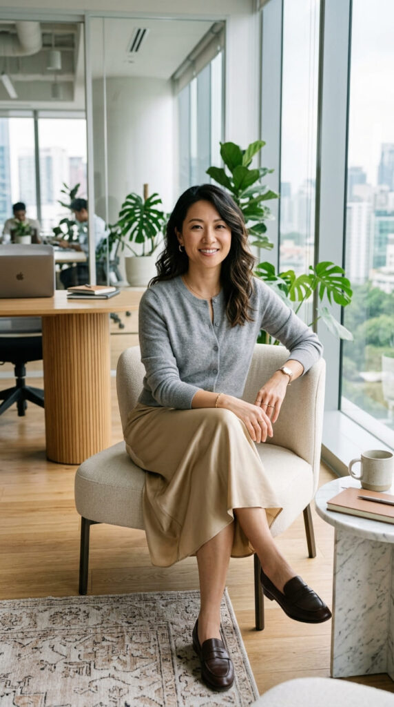 Cardigan With a Silk Midi Skirt For Interview