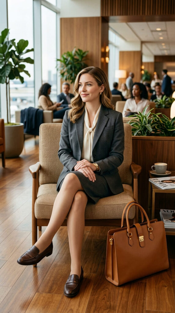 Charcoal Skirt Suit With a Cream Blouse For Interview