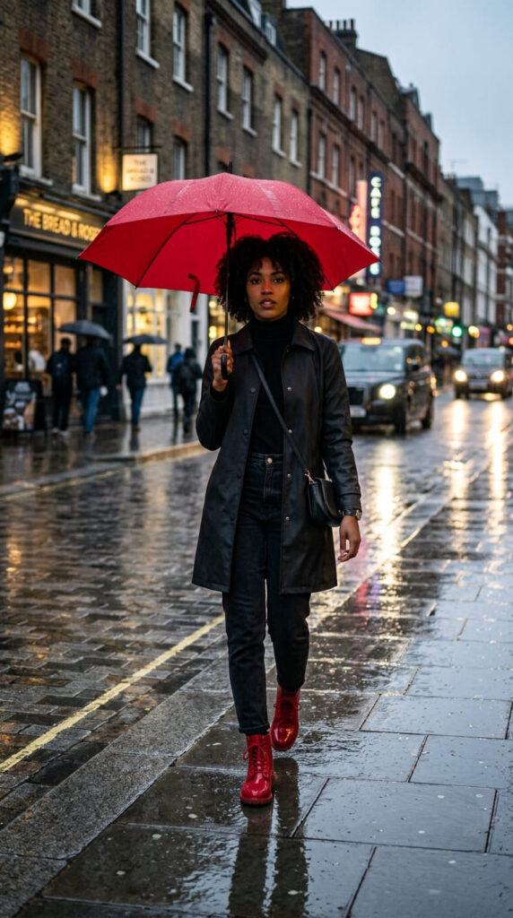Classic Black Raincoat With All-Black Base and Pop of Colour Boots