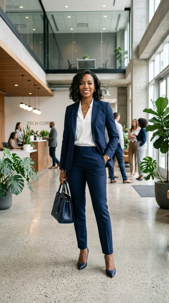 Classic Navy Pantsuit With a White Blouse For Interview