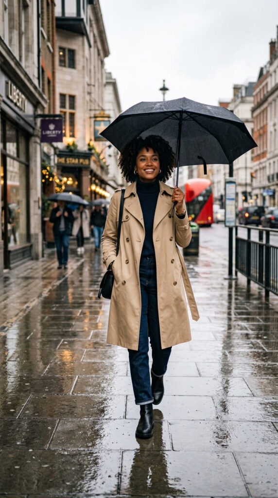 Classic Trench Coat With Straight-Leg Jeans and Ankle Rain Boots