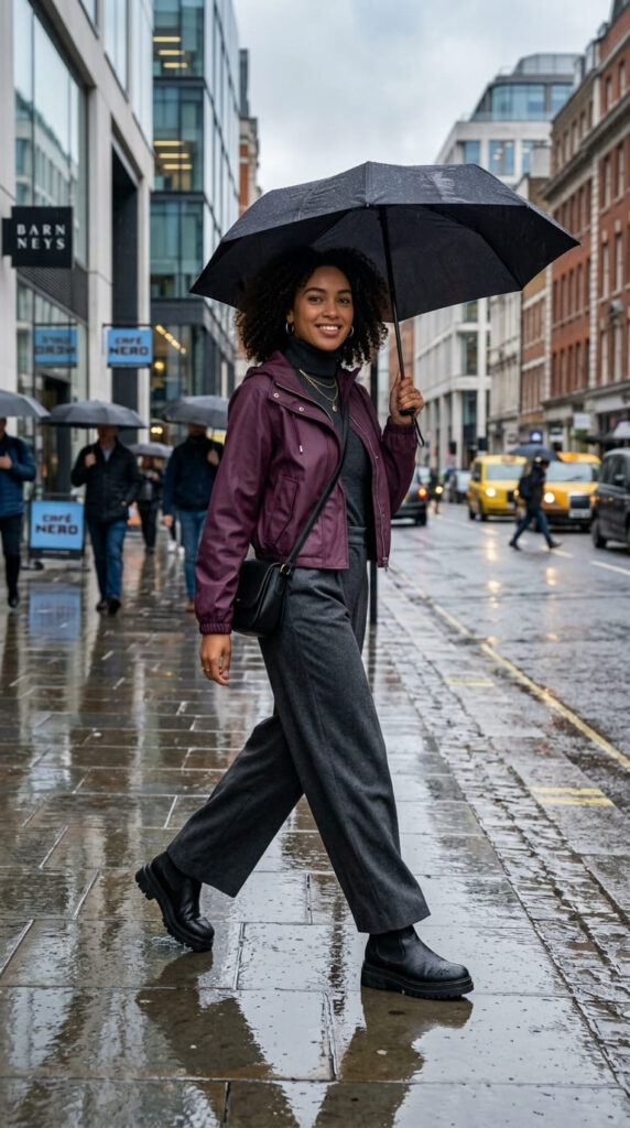Cropped Rain Jacket With Wide-Leg Pants and Platform Boots