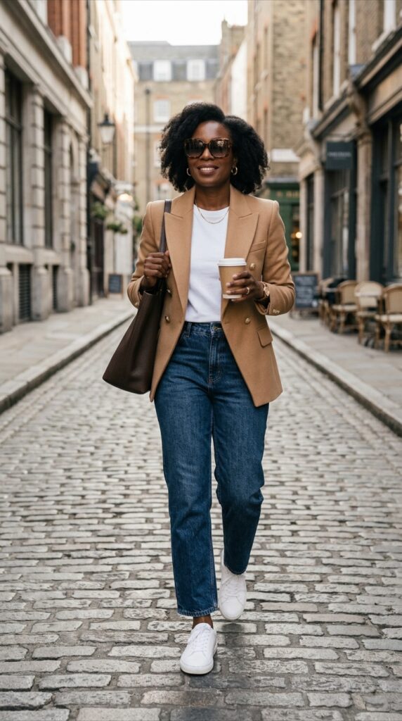 Dark Wash Straight Leg Jeans with a Tailored Blazer