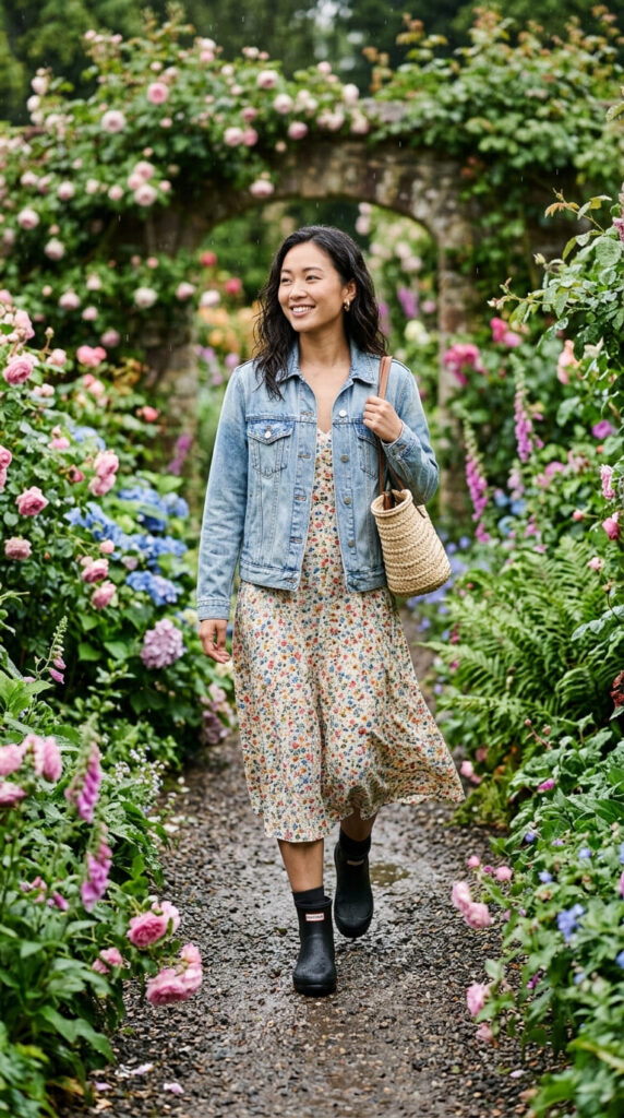 Denim Jacket With Midi Dress and Ankle Rain Boots