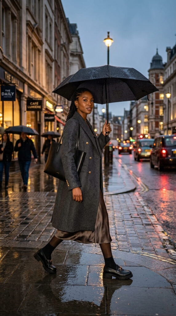 Double-Breasted Coat With Slip Dress and Chunky Loafers