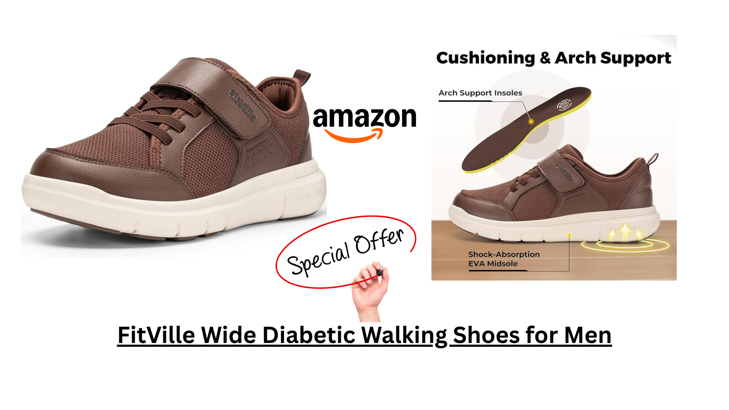 FitVille Wide Diabetic Walking Shoes for men featuring breathable mesh, adjustable strap, arch support, and lightweight non-slip sole.
