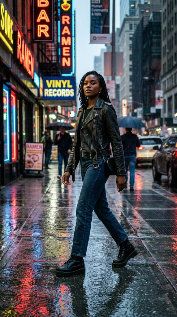 Leather Moto Jacket With Jeans and Combat Boots