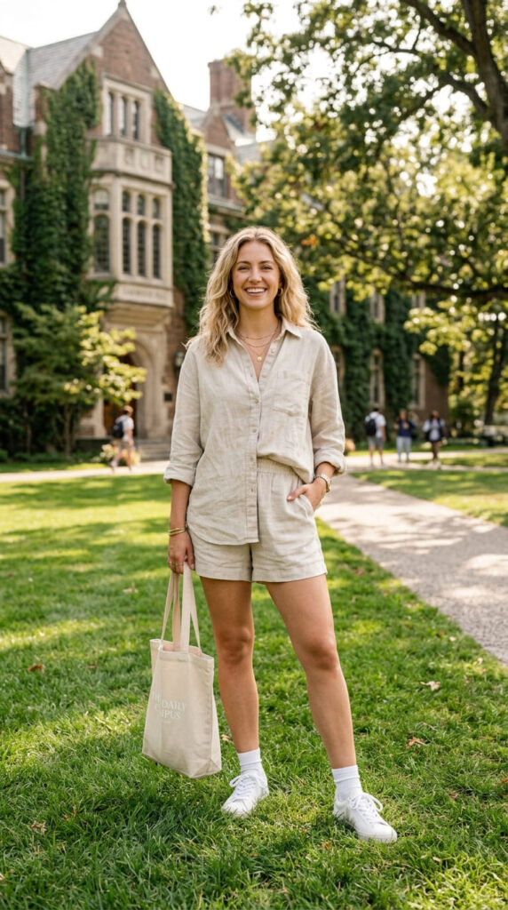 Linen Button-Down Set with White Sneakers