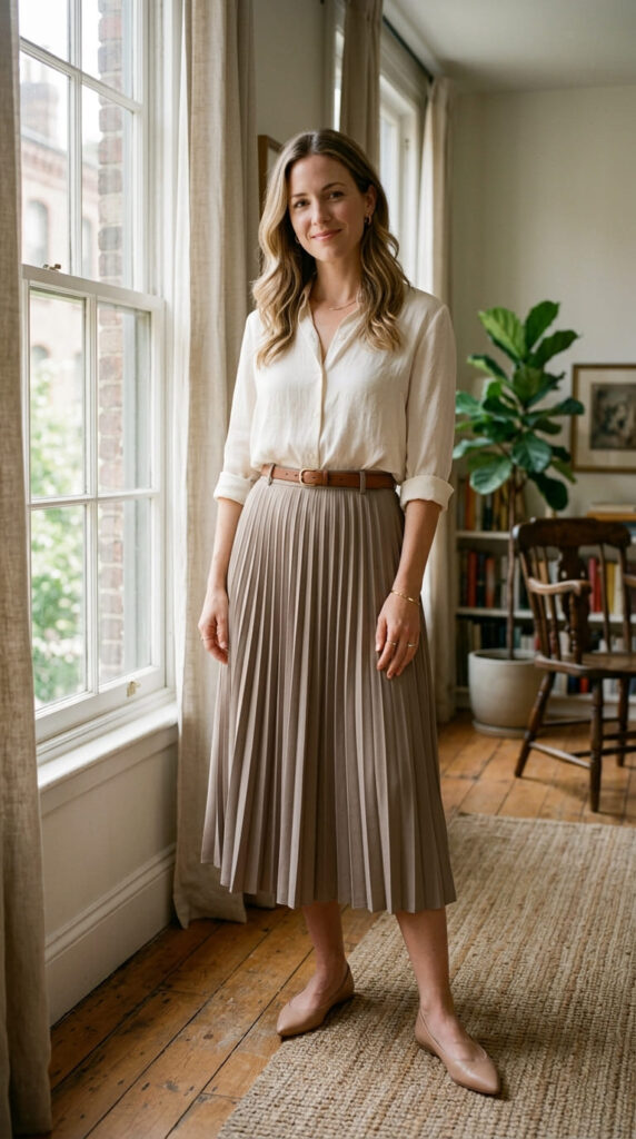 Midi Skirt with Tucked In Blouse