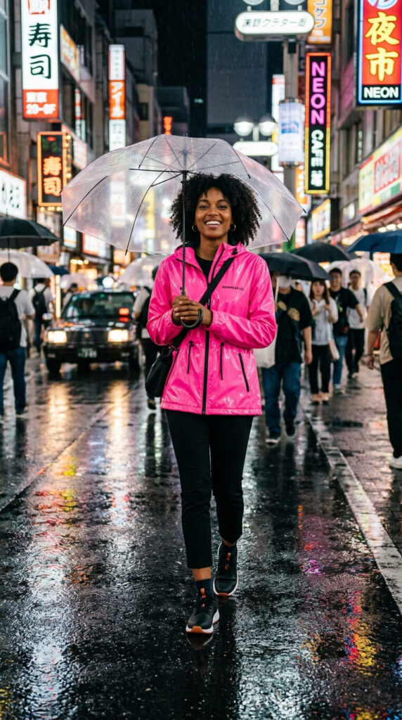 Neon Rain Jacket With Cigarette Pants and Rain Sneakers