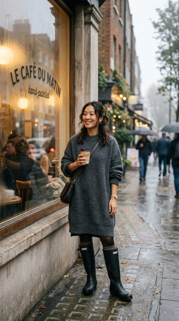 Oversized Sweater Dress With Knee-High Waterproof Boots