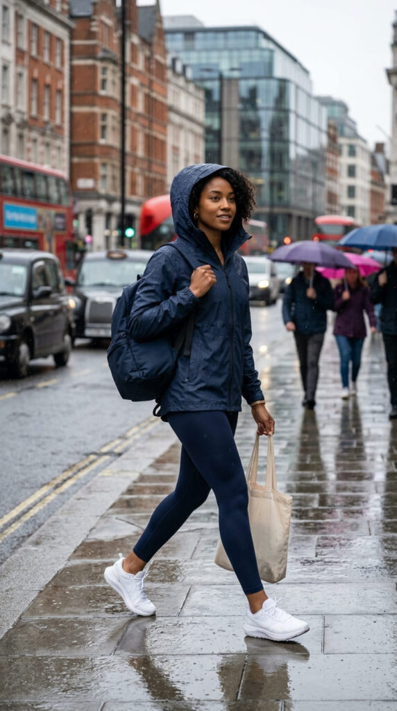 Packable Rain Jacket With Leggings and White Sneakers