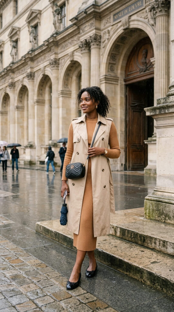 Sleeveless Trench With Knit Dress and Ballet Flats