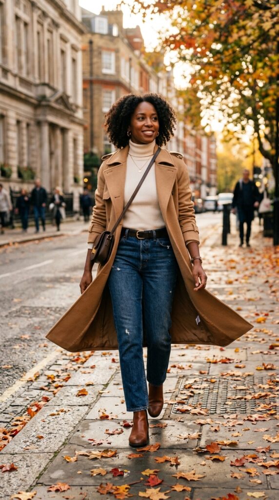 Turtleneck, Trench, and Denim for Fall Layering