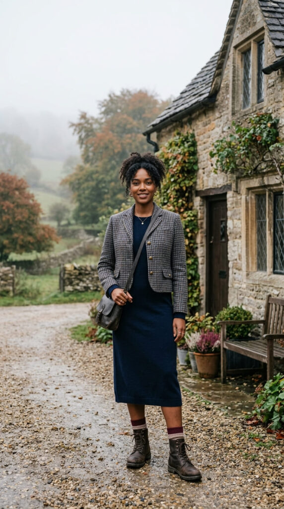 Tweed Jacket With Knit Dress and Waterproof Boots