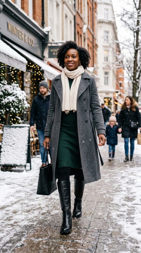 Wool Coat, Knit Dress, and Tall Boots for Winter