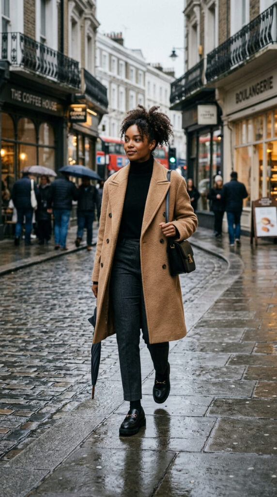 Wool Coat With Cashmere Sweater and Waterproof Loafers